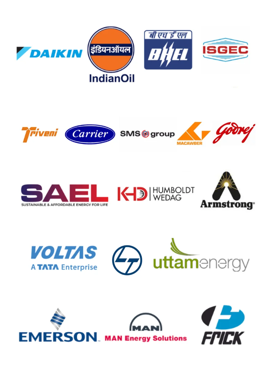 Clients served by Arshya Pipe Fittings — including IndianOil, L&T, BHEL, ISGEC, Triveni, Carrier, SMS group, Godrej, SAEL, KHD Humboldt Wedag, Armstrong, Voltas, Uttam Energy, Emerson, MAN Energy Solutions and Frick